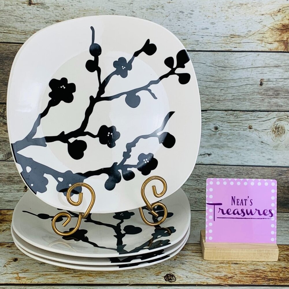Roscher SPRING BLOSSOM Black White Floral Branch Square Dinner Plates Set of 4